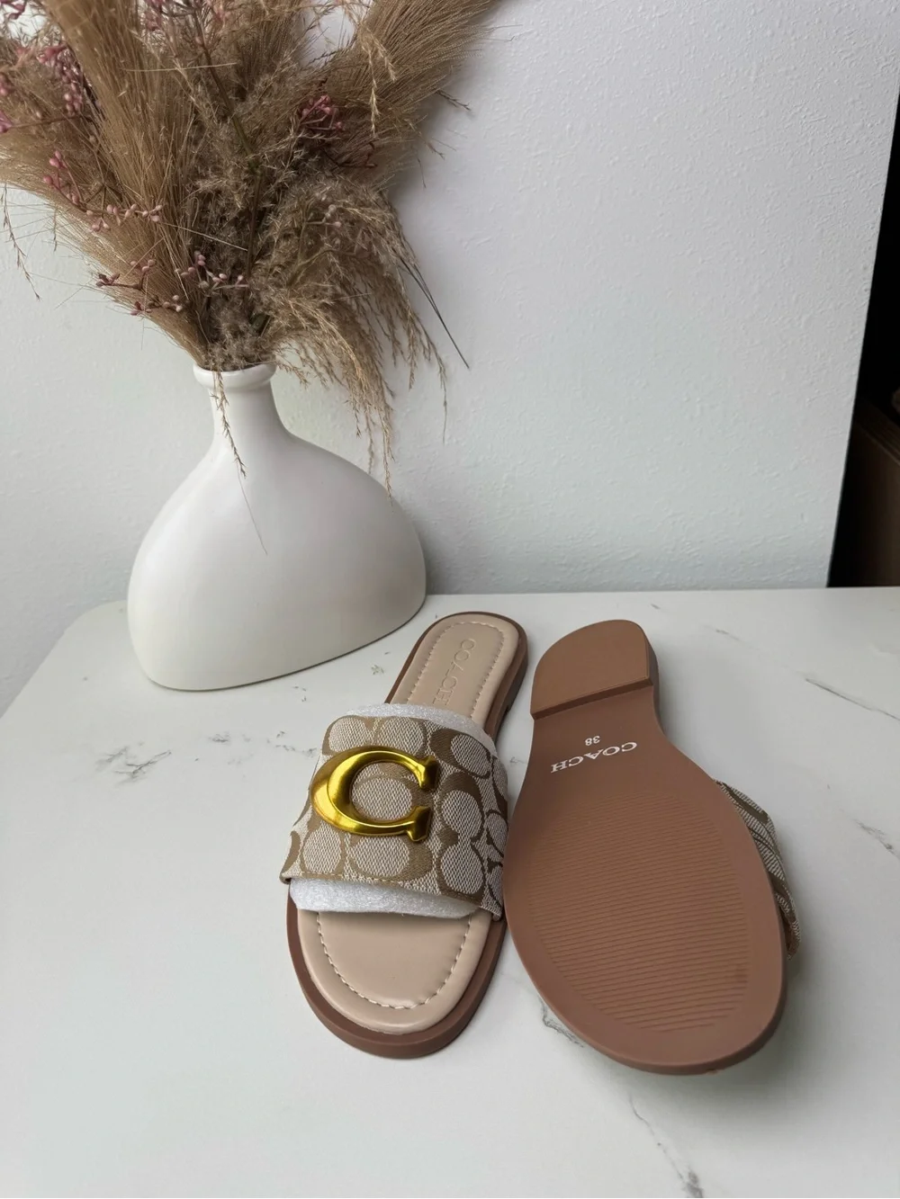 Coach Beige Signature Canvas Slide Sandals with Gold 'C' Accent